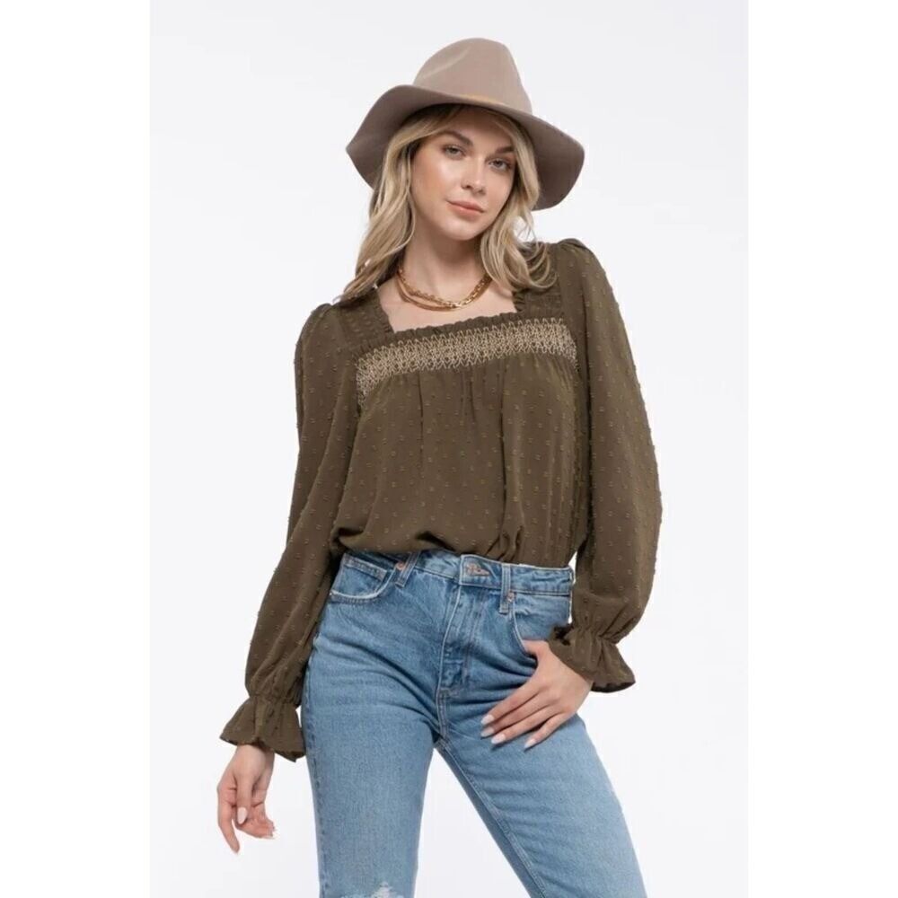 Mine‎ Lg Top Coastal Cowgirl Boho Square Neck Olive Green Long Sleeves Swiss Dot